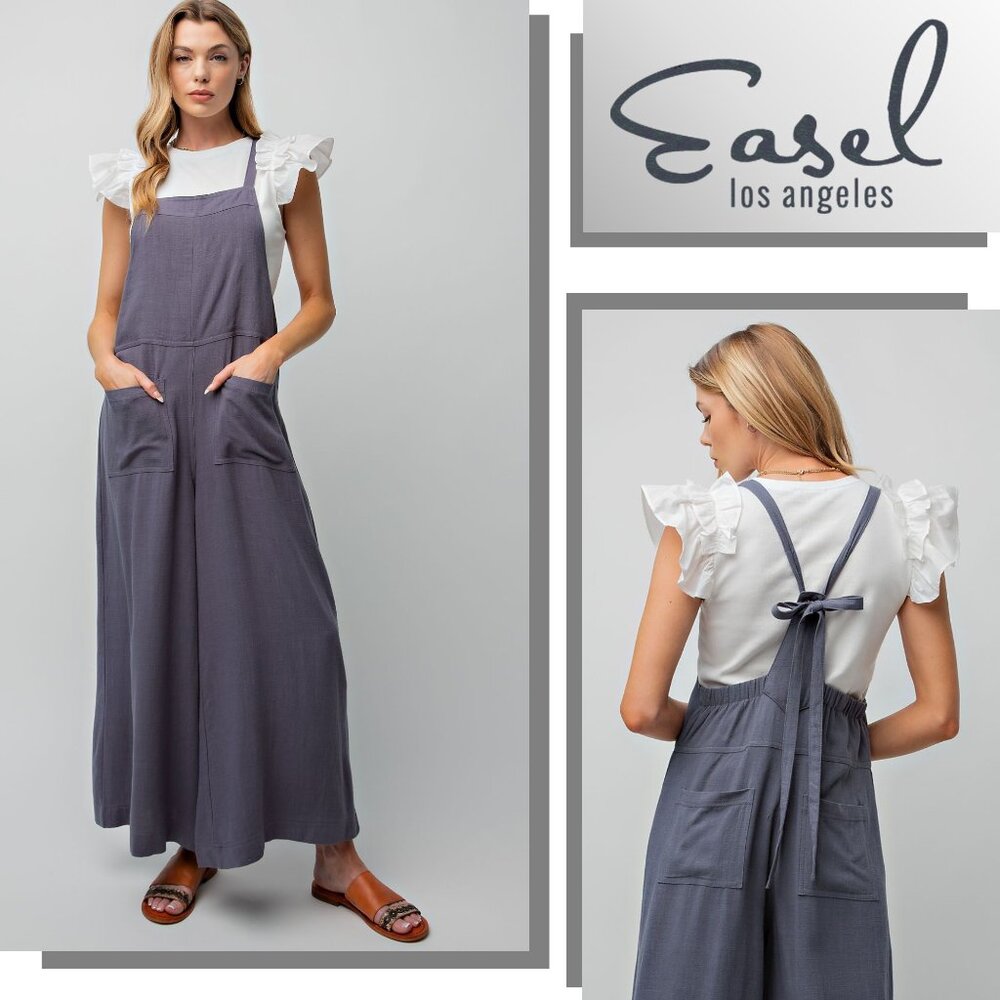 EASEL Linen-Look Jumpsuit Adjustable Tie Straps Pockets Extra Wide Leg Loose Fit